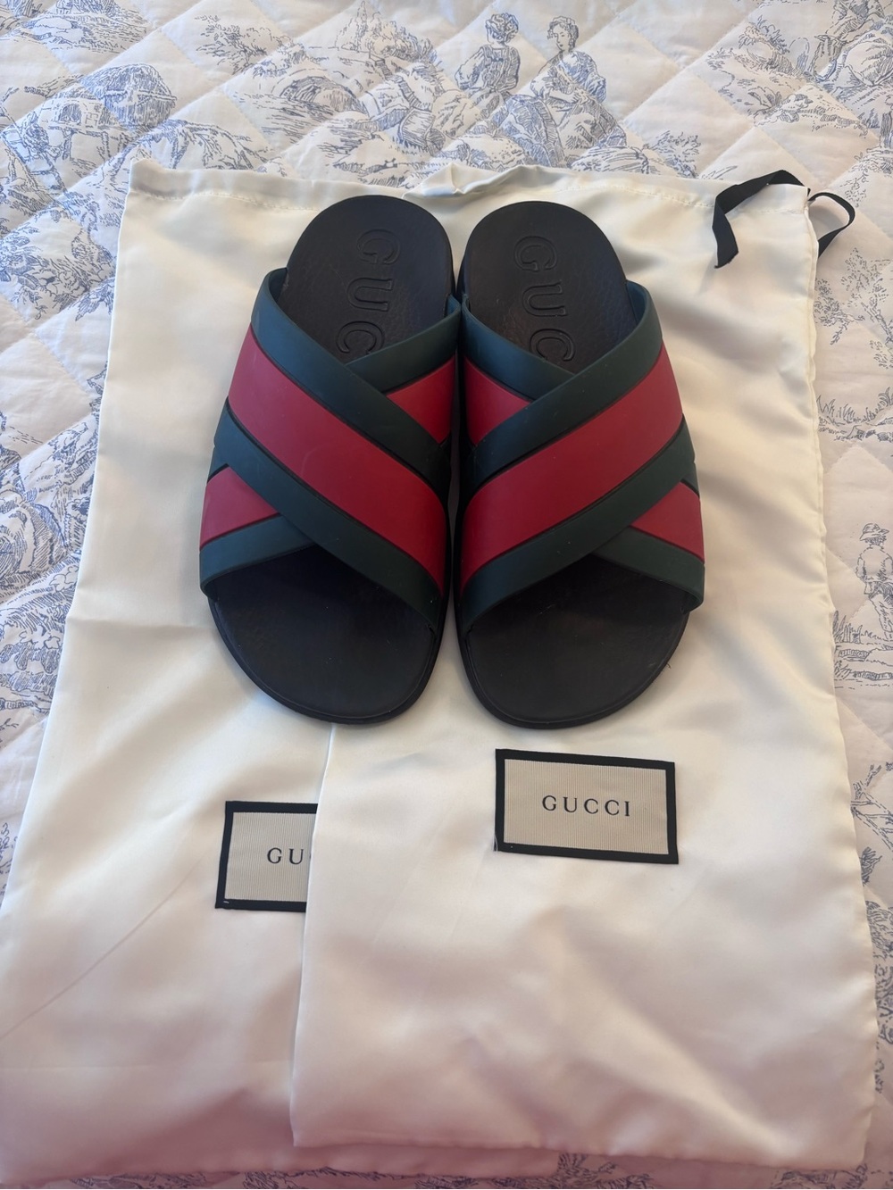 Gucci Black Slides with Red and Green Crisscross Straps